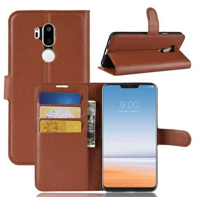Litchi Pattern Wallet Stand Card Holder Slots PU Leather + TPU Protective Cover Case for LG G7 - Brown
