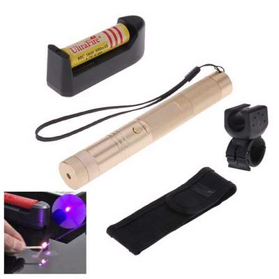 1mw 405nm Purple Beam Flashlight Adjustable Focus Laser Pointer Kit with Bicycle Handlebar with Battery - Gold