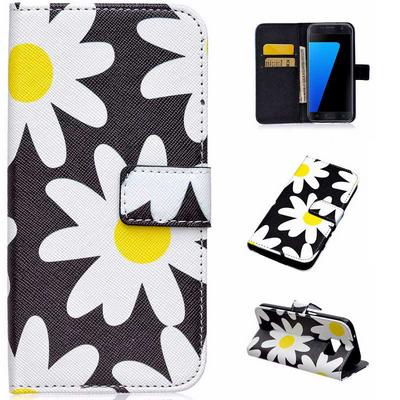 Colorful Painting Wallet Style Magnetic Flip Stand TPU+ PU Leather Case for Samsung Galaxy S7/ G9300 - Daisy Black