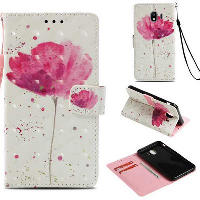 3D Color Painted Side Flip PU Leather + Soft TPU Card Slots with Wrist Strap and Magnetic Buckle Wallet Protective Case for Samsung Galaxy J4 2018 - Flower