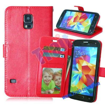 Crazy Horse Wallet Card Holder Magnetic Flip Stand TPU+ PU Leather Case for Samsung Galaxy S5 I9600 G900 - Red