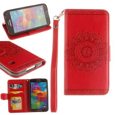 Relief Mandala Pattern with Wrist Strap Wallet  Card Holder Stand Support Picture Frame PU Leather +  TPU Phone Case for Samsung Galaxy S5 I9600 G900 - Red