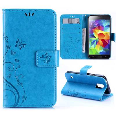 Butterfly Vine flower Pattern Wallet Style Magnetic Flip Stand TPU+ PU Leather Case for Samsung Galaxy S5 I9600 G900 Blue