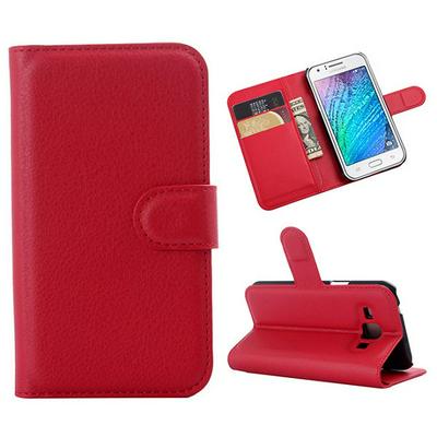Lichee Pattern Wallet Magnetic Flip Stand PC + PU Leather Case for Samsung Galaxy J1 J100 Red