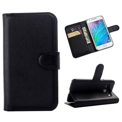 Lichee Pattern Wallet Magnetic Flip Stand PC + PU Leather Case for Samsung Galaxy J1 J100 Black