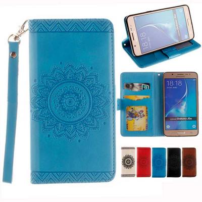 Relief Mandala Pattern with Wrist Strap Wallet  Card Holder Stand Support Picture Frame PU Leather +  TPU Phone Case for Samsung Galaxy J5 (2016) J510 - Blue