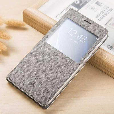 Vili Flax Woven Pattern Window View Stand TPU+ PU Leather Case for Samsung Galaxy J5 (2016) J510 - Grey
