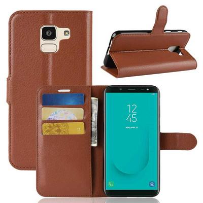 Lichee Pattern Solid Color Side Flip PU Leather + Soft TPU Card Slots with Stand and Magnetic Buckle Wallet Case for Samsung Galaxy J6 J600 - Brown