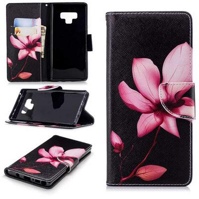 Colored Painting Full Protector PU Leather + Soft TPU Back Cover Case with Card Holder Wallet and Stand for Samsung Galaxy Note 9 - Lotus