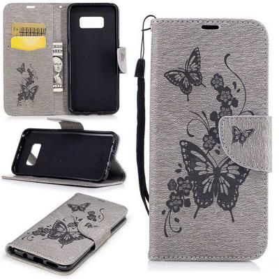 Embossed Butterfly Pattern Wrist Strap Card Holder Slots Wallet Style with Magnetic Buckle PU Leather + Soft TPU Case for Samsung Galaxy S8 / G9500 - Grey