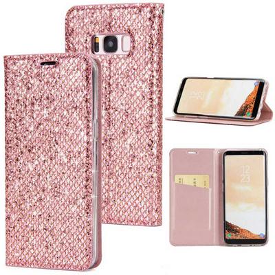 Bling Style Glitter Powder Magnetic Adsorption PU Leather + Soft TPU Hand Rope with Card Slot and Stand Protective Case for Samsung Galaxy S8 / G9500 - Rose Gold