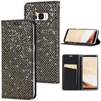 Bling Style Glitter Powder Magnetic Adsorption PU Leather + Soft TPU Hand Rope with Card Slot and Stand Protective Case for Samsung Galaxy S8 / G9500 - Black