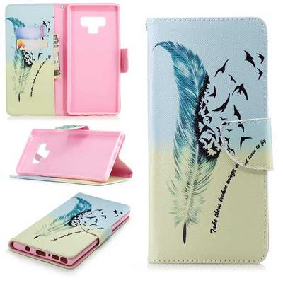 Colored Painting Full Protector PU Leather + Soft TPU Back Cover Case with Card Holder Wallet and Stand for Samsung Galaxy Note 9 - Feather