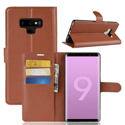 Litchi Pattern Wallet Stand Card Holder Slots PU Leather + TPU Protective Cover Case for Samsung Galaxy Note 9 - Brown