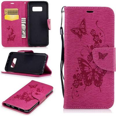 Embossed Butterfly Pattern Wrist Strap Card Holder Slots Wallet Style with Magnetic Buckle PU Leather + Soft TPU Case for Samsung Galaxy S8 / G9500 - Rose Red