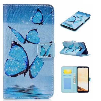 Color Painting Wallet Style PU Leather + Soft TPU Card Holder with Stand and Photo Frame Case for Samsung Galaxy S8 / G9500 - Blue Butterflies