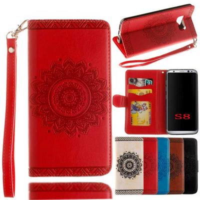 Relief Mandala Pattern with Wrist Strap Wallet  Card Holder Stand Support Picture Frame PU Leather +  TPU Phone Case for Samsung Galaxy S8 / G9500 - Red