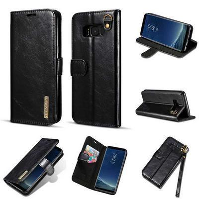 DG.MING Detachable Hard PC + Microfiber Genuine Leather Card Slots with Wrist Strap Stand Car Holder Magnetic Flip Case for Samsung Galaxy S8 Plus - Black 