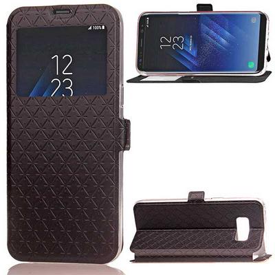 Diamond Pattern Caller ID Window Card Holder Slots with Magnetic Buckle Stand PU Leather + TPU Cover Case for Samsung Galaxy S8 / G9500 - Black