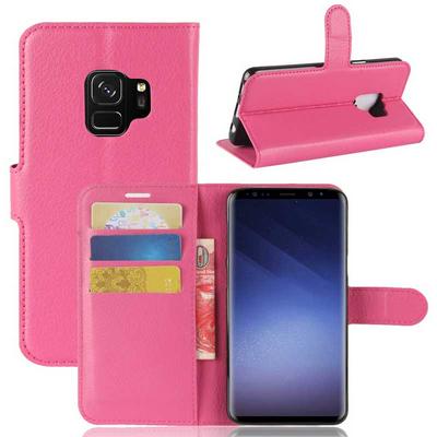 Lichee Pattern PU Leather + Soft TPU Card Holder with Adjustable Stand Support Wallet and Magnetic Buckle Case for Samsung Galaxy S9 - Rose Red