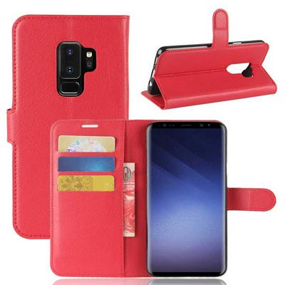 Lichee Pattern PU Leather + Soft TPU Card Holder with Adjustable Stand Support Wallet and Magnetic Buckle Case for Samsung Galaxy S9 Plus - Red