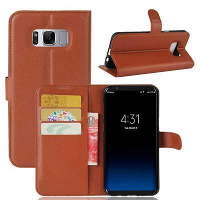 Lichee Pattern Side Flip Wallet Style PU Leather + Soft TPU Card Holder with Stand and Magnetic Buckle Case for Samsung Galaxy S8 Plus - Brown