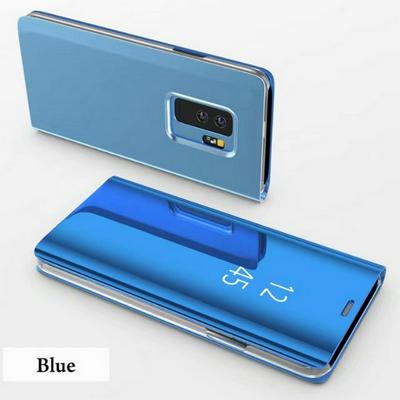 Plating Mirror Magnetic Suction PU Leather + Hard PC with Intelligent Sensor Chip Smart Wake Sleep Flip-Free Answer Phone Stand Case for Samsung Galaxy S9 - Blue