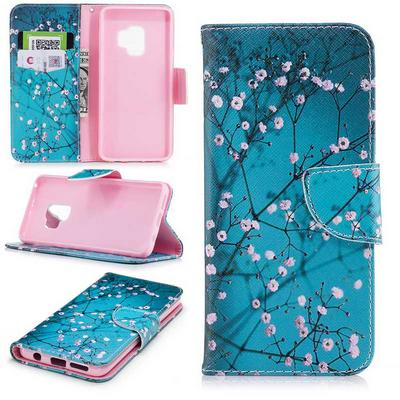 Colored Painting Card Holder Slots Wallet Style with Magnetic Buckle PU Leather + Soft TPU Case for Samsung Galaxy S9 - Plum 
