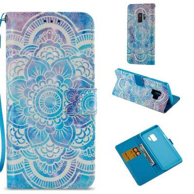 3D Color Painted Side Flip PU Leather + Soft TPU Wrist Strap with Stand and Card Slots Wallet Protective Case for Samsung Galaxy S9 - White Flower