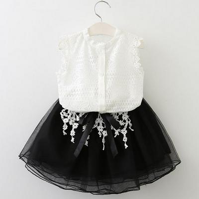 100/110/120/130/140cm Korean Children Girls Summer Stylish Sleeveless Lace Shirt + Mesh Short Skirt Children Wear Two Pieces Set - Black