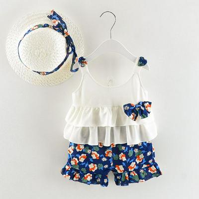 XHL968 80/90/100/110 Code Country Style Bow-Knot Small Floral Pattern Summer Girls Stylish Cute Sleeveless Sling Top + Shorts Children Beach Wear Two-Piece Set with Hat - White