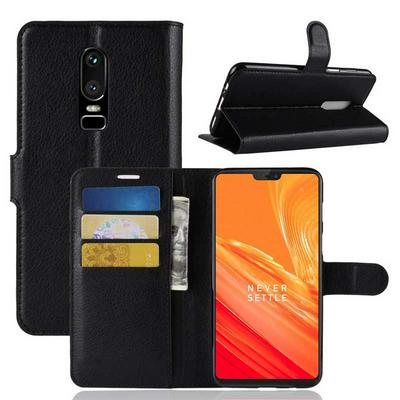 Litchi Pattern Wallet Stand Card Holder Slots PU Leather + TPU Protective Cover Case for OnePlus 6 - Black