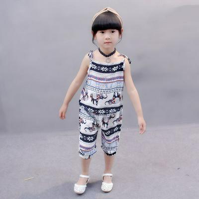 M/L/XL/XXL Size Korean Style Printed Pattern Summer Girls Stylish Thin Cotton Silk Sleeveless Sling Top + Cropped Pants Children Wear Two-Piece Set - Blue Purple