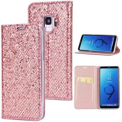 Bling Style Glitter Powder Magnetic Adsorption PU Leather + Soft TPU Hand Rope with Card Slot and Stand Protective Case for Samsung Galaxy S9 - Rose Gold