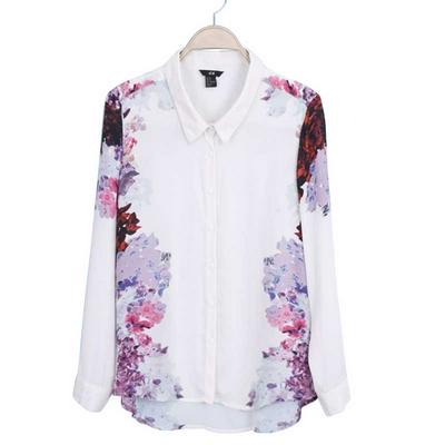 Spring and Autumn Elegant Flower Chiffon Long Sleeve Lapel Shirt with M L Size  