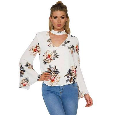 Spring and Autumn Low Collar Flower Pattern Chiffon Long Sleeve  Shirt with M L XL 2XL Size