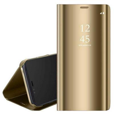 Clear View Cover Electroplated Mirror Translucent PU Leather + PC with Triangle Viewing Stand Flip Case for iPhone XR 6.1 - Gold