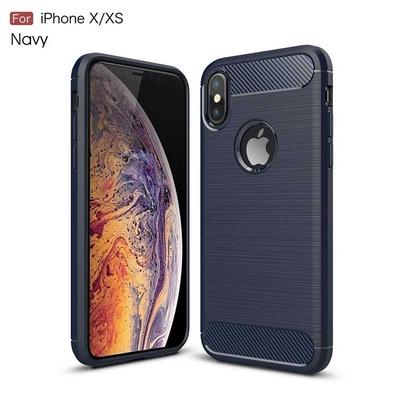 Brushed Carbon Fiber Shockproof Non-Slip Anti-Scratch Soft TPU Back Cover Protective Case for iPhone X / XS - Navy Blue