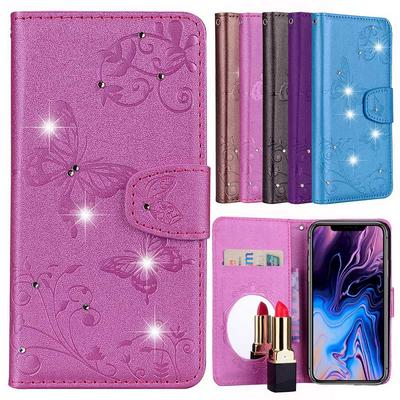 Diamond Studded PU Leather + TPU Cover Case with Wrist Strap Mirror Card Holder and Stand Protector Case for iPhone Xs Max 6.5 - Rose Red