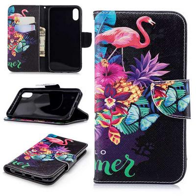 The 7th Colored Painting with Wallet Card Slots Stand Magnetic Flip PU Leather + TPU Back Cover Case for iPhone XR 6.1 - Flamingo