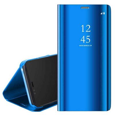 Clear View Cover Electroplated Mirror Translucent PU Leather + PC with Triangle Viewing Stand Flip Case for iPhone Xs Max 6.5 - Blue