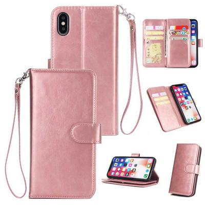 Side Flip PU Leather + Soft TPU with Strap 9 Card Slots Picture Frame Wallet Stand Support Protective Case for iPhone XR 6.1 - Rose Gold
