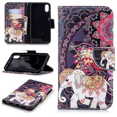 The 7th Colored Painting with Wallet Card Slots Stand Magnetic Flip PU Leather + TPU Back Cover Case for iPhone XR 6.1 - Elephant
