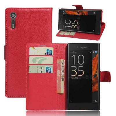 Lichee Pattern Side Flip Wallet Style PU Leather + Soft TPU Card Holder with Stand and Magnetic Buckle Case for Sony Xperia XZ F8332 / XZS - Red