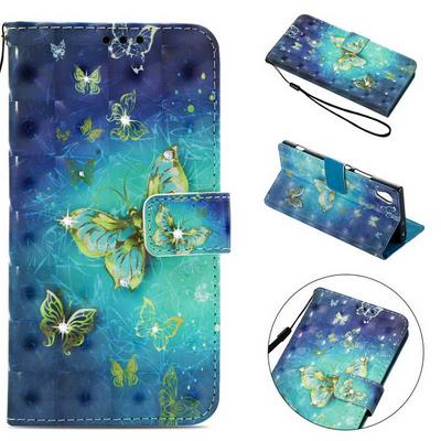 Colored Painting 3D Diamond Studded Wrist Strap PU Leather + Soft TPU Card Slots with Wallet Stand Protecting Cover Case for Sony Xperia XA1 / Z6 - Blue