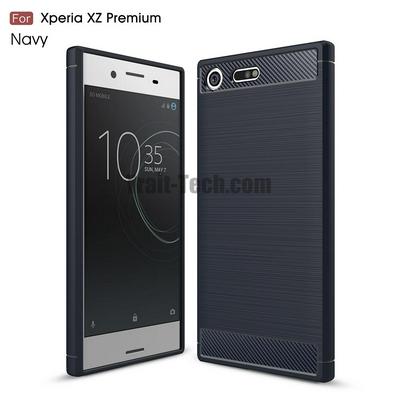 Carbon Fiber Brushed Anti-Drop Shockproof Soft TPU Back Cover Case for Sony Xperia XZ Premium - Navy Blue