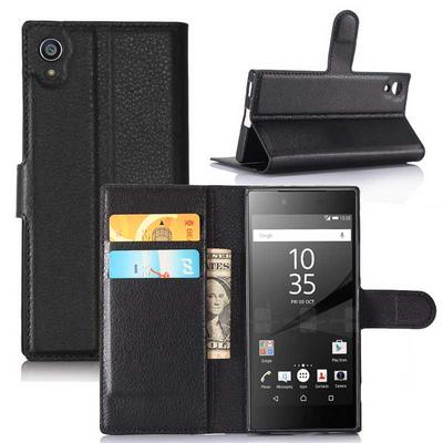 Lichee Pattern Side Flip Wallet Style PU Leather + Soft TPU Card Holder with Stand and Magnetic Buckle Case for Sony Xperia XA1 / Z6 - Black
