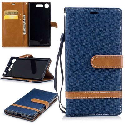 Denim Wrist Strap Style Side Flip PU Leather + Soft TPU Card Slots with Magnetic Buckle and Stand Wallet Phone Case for Sony Xperia XZ1 - Dark Blue