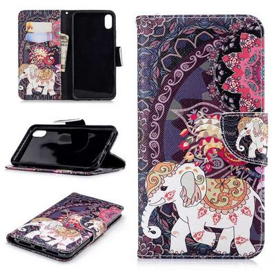 The 7th Colored Painting with Wallet Card Slots Stand Magnetic Flip PU Leather + TPU Back Cover Case for iPhone Xs Max 6.5 - Elephant