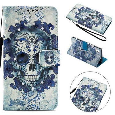 Colored Painting 3D Diamond Studded Wrist Strap PU Leather + Soft TPU Card Slots with Wallet Stand Protecting Cover Case for Sony Xperia XA1 / Z6 - Skeleton